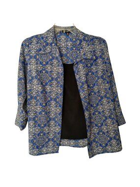 Notations Blouse Sz PM Blue Black Floral Print Open Layered 3/4 Sleeve #i-11